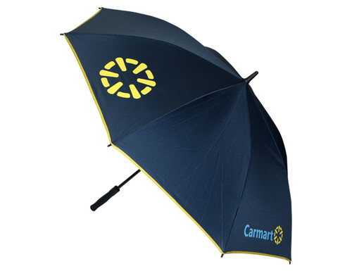 A navy umbrella with a yellow trim and a logo. Designed for leisure and outdoor use.