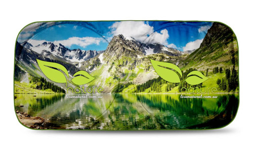 A vibrant sunshade featuring a scenic mountain and lake landscape with green leaf designs and a logo.
