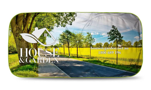 A full-colour sunshade featuring a scenic landscape with trees and a road, displaying a logo and branding.