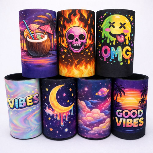 Colorful drink can coolers with vibrant designs including tropical, skull, moon, and positive vibes themes.
