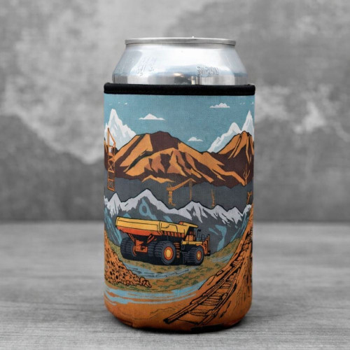 Beer can with mountain design koozie featuring mining truck illustration.