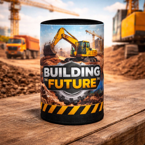 Construction-themed can cooler with "Building the Future" text, featuring an excavator on a construction site background.