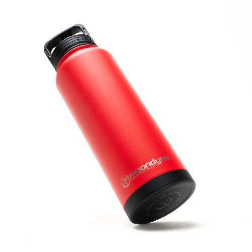 Red insulated water bottle with black lid, Moondyne brand.