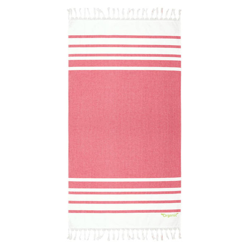 A pink and white striped beach towel with fringes and a small logo. Ideal for use on the beach or poolside. A pink and white striped beach towel with fringes and a small logo. Ideal for use on the beach or poolside.