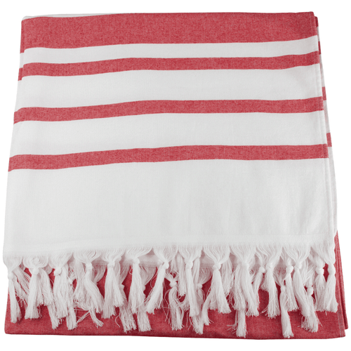 A Turkish beach towel with red and white stripes, featuring decorative fringes along the edge. A Turkish beach towel with red and white stripes, featuring decorative fringes along the edge.