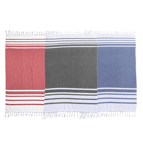 A Turkish beach towel featuring red, grey, and blue stripes with fringed edges and a logo. A Turkish beach towel featuring red, grey, and blue stripes with fringed edges and a logo.