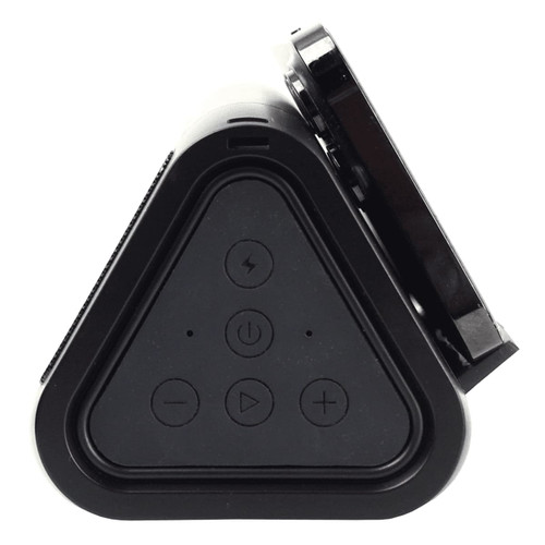 A triangular black outdoor speaker and wireless power bank featuring control buttons on the front and a logo.