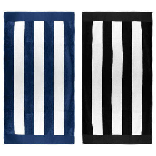 Two striped beach towels, one in navy blue and white, and the other in black and white, both with branding. Two striped beach towels, one in navy blue and white, and the other in black and white, both with branding.