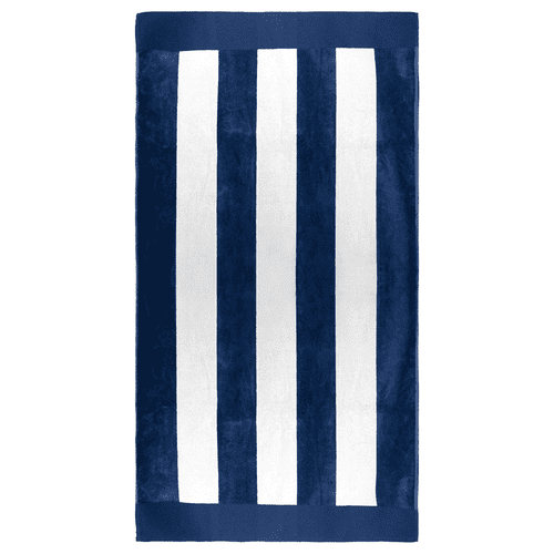 A navy blue and white striped beach towel with a logo on one corner. Perfect for leisure and outdoor activities. A navy blue and white striped beach towel with a logo on one corner. Perfect for leisure and outdoor activities.