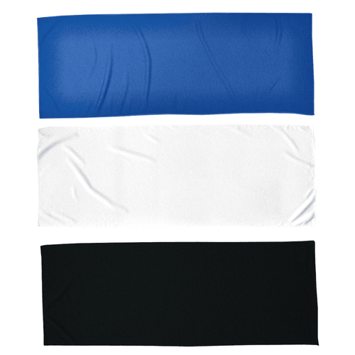Three cooling towels in blue, white, and black, featuring a logo on one of them. Three cooling towels in blue, white, and black, featuring a logo on one of them.