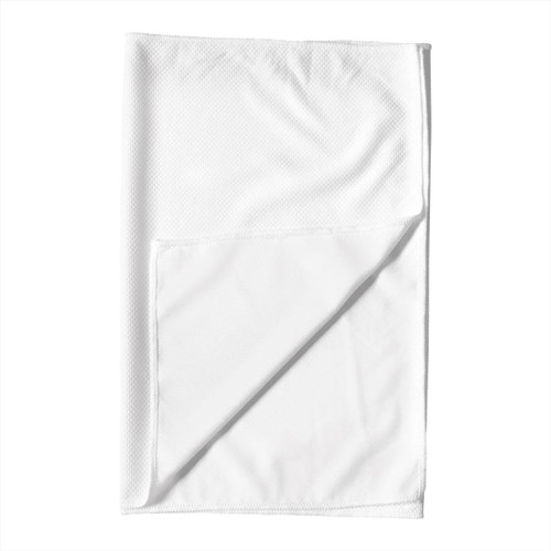 A white fitness towel with a textured surface, featuring an added layer for cooling. It has a logo on one side. A white fitness towel with a textured surface, featuring an added layer for cooling. It has a logo on one side.