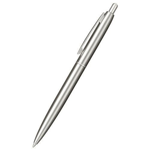 A silver recycled stainless steel ballpoint pen with a sleek design and a clip for attachment. A silver recycled stainless steel ballpoint pen with a sleek design and a clip for attachment.