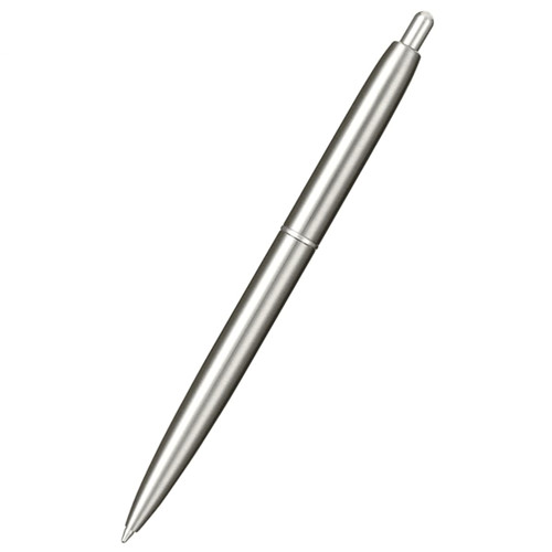 A recycled stainless steel ballpoint pen with a sleek silver finish and a simple, elegant design. A recycled stainless steel ballpoint pen with a sleek silver finish and a simple, elegant design.