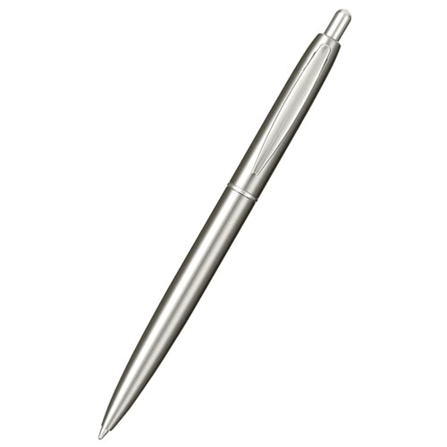 A recycled stainless steel ballpoint pen with a sleek silver finish and a branding logo. A recycled stainless steel ballpoint pen with a sleek silver finish and a branding logo.