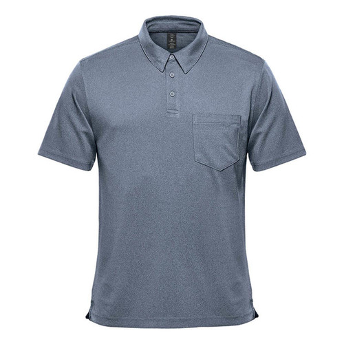 A men's short sleeve polo in a grey tone with a collar and a breast pocket. Features a branded logo.