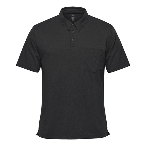 A black short sleeve polo shirt featuring a pocket and a logo on the chest. Suitable for casual wear.