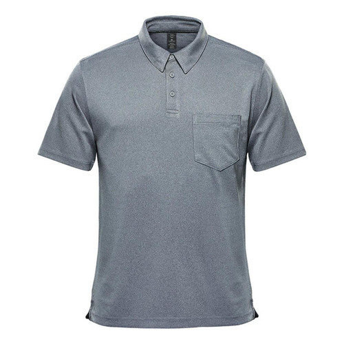 A grey short sleeve polo shirt with a collar and a pocket, featuring a logo on the chest.