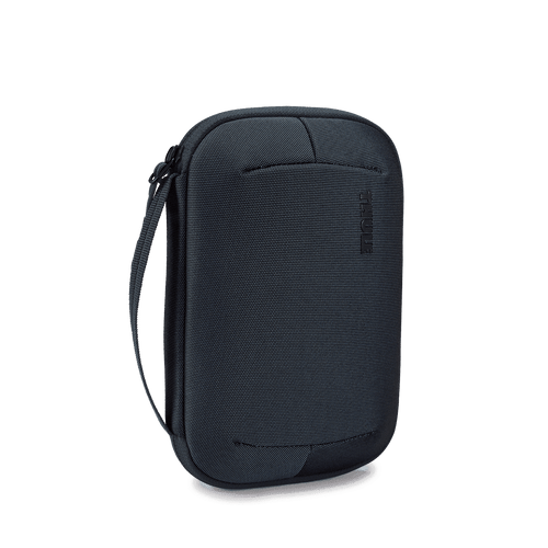 A storage case for electronics in dark grey, featuring a carrying strap and a subtle logo.