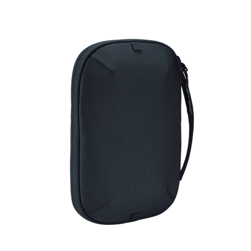 A dark blue electronics organiser with a sleek design and a wrist strap for easy carrying. It features a logo.