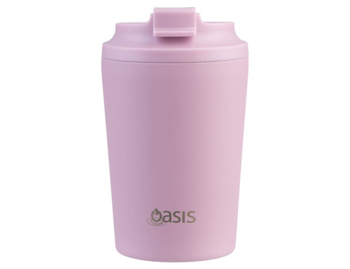 A ceramic-lined insulated coffee cup in light pink, featuring a secure lid and a branding logo.