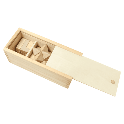 A wooden box containing a 3-piece brain teaser set with various geometric shapes. The box features a sliding lid. A wooden box containing a 3-piece brain teaser set with various geometric shapes. The box features a sliding lid.