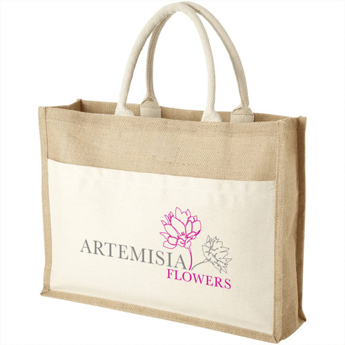 A jute tote bag featuring a natural beige colour with a cream front panel and handles, including a logo. A jute tote bag featuring a natural beige colour with a cream front panel and handles, including a logo.