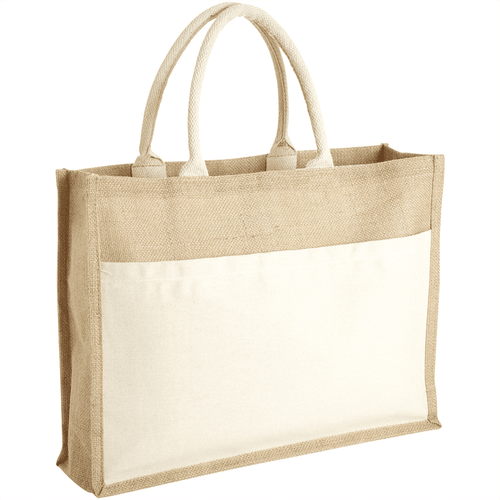 A beige jute tote bag with a cream cotton pocket and dual rope handles, featuring a logo. A beige jute tote bag with a cream cotton pocket and dual rope handles, featuring a logo.