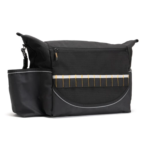 Black rugged tactical bag with multiple compartments and durable design, ideal for outdoor adventures.