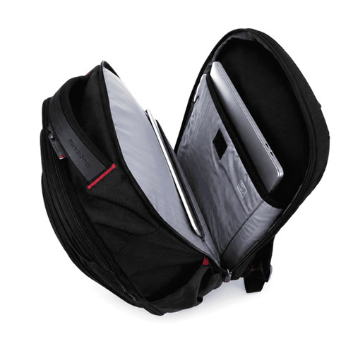 A black backpack with internal compartments for a laptop and additional storage, featuring a logo on the exterior.