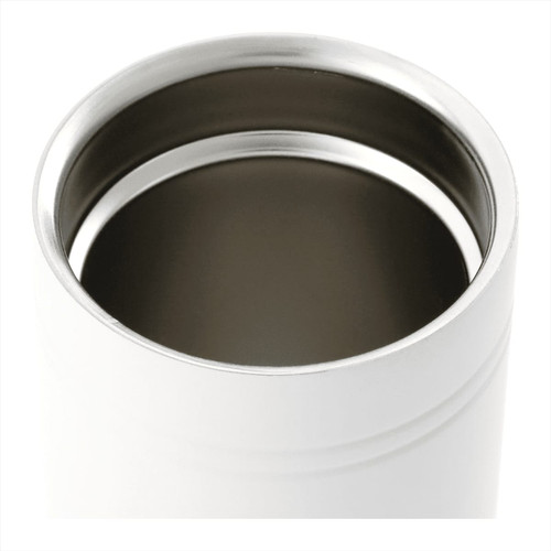 A drink bottle with a white exterior and stainless steel interior, featuring a logo on the side.