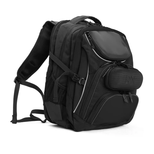 Durable black backpack with multiple compartments and ergonomic design.