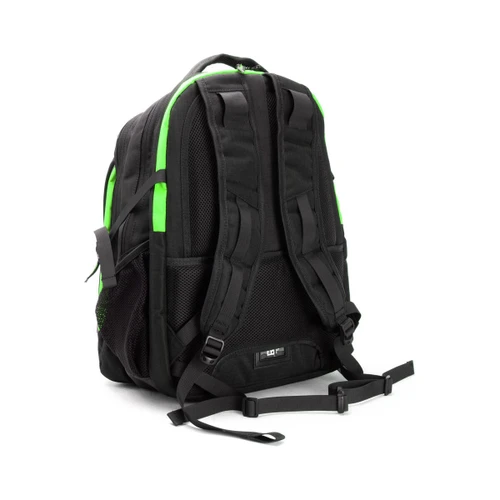 Black and green backpack with padded straps and multiple compartments.