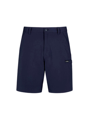 Men's lightweight outdoor shorts in navy blue, featuring a front button closure and a side pocket with branding.