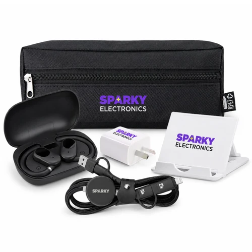 A black tech pack containing wireless earbuds, a charging cable, a power adapter, and a phone stand. It has a logo.