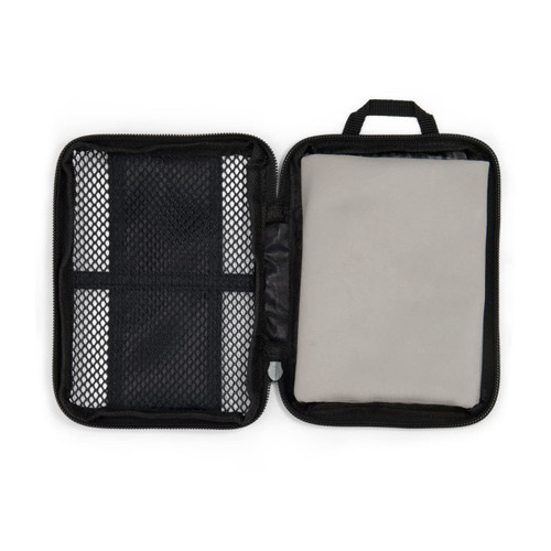 A zipped storage case featuring a mesh pocket and a padded compartment, primarily in black with a light grey interior.