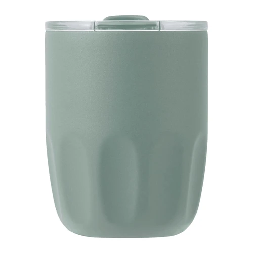 A drink bottle in a muted green colour with a transparent lid and a textured body. Features a logo. 