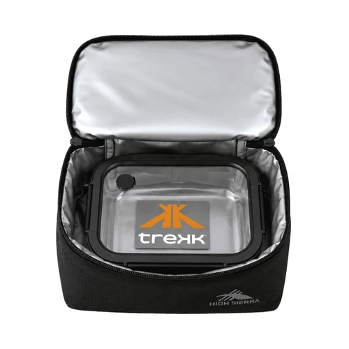 A black insulated lunch bag with a silver interior, featuring a transparent container inside and a logo.