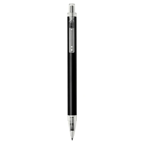 A black recycled aluminium ballpoint pen with a silver clip and accents, featuring a logo on its barrel.
