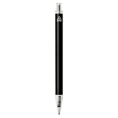 A black aluminium ballpoint pen with a clear tip and a logo on the body.