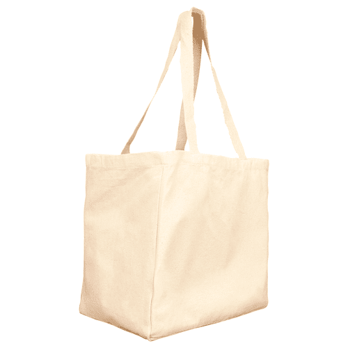 A natural beige reusable cotton grocery tote bag with long handles and a simple design.