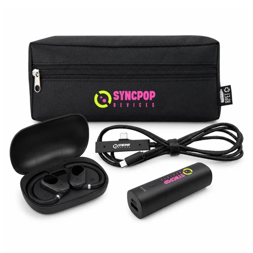 A black tech pouch contains wireless earbuds, a charging case, and a USB cable, featuring a logo.