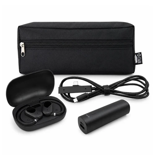 A black tech pack featuring a charging case with earbuds, a power bank, and a USB cable, all in a zippered pouch.