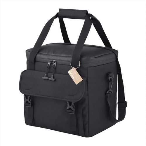 A black cooler bag with a sturdy handle and adjustable strap, featuring a front pocket and branding.
