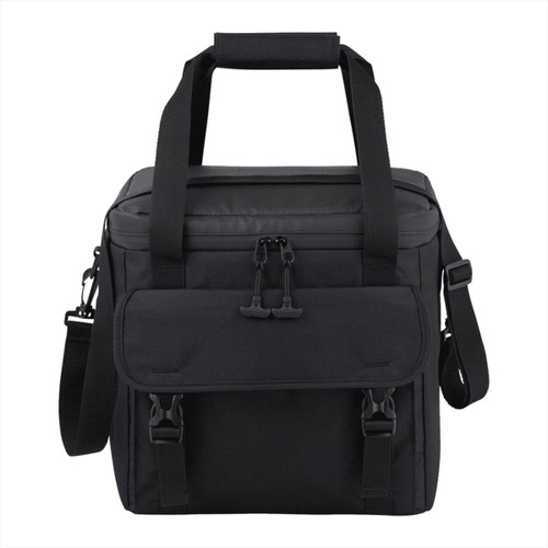A black cooler bag with a spacious main compartment and adjustable shoulder strap, featuring a front pocket and branding.