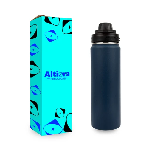A drink bottle with a matte navy blue finish, featuring a black screw-on lid, packaged in an illustrated box.