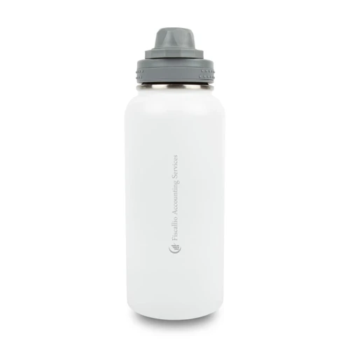 A drink bottle made of white stainless steel with a grey screw-on lid and a logo. Ideal for keeping beverages hot or cold.