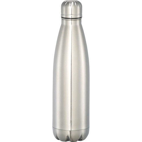 A drink bottle in a sleek stainless steel finish with a rounded design and a logo on the surface.