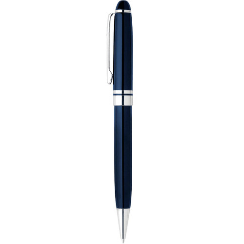 A navy blue metal ballpoint pen with silver accents and a clip, featuring a logo. A navy blue metal ballpoint pen with silver accents and a clip, featuring a logo.