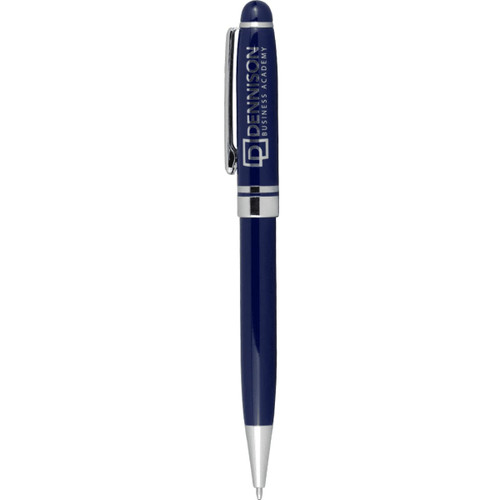 A Bristol Twist Ballpoint Pen in navy blue with silver accents and a branding logo on the barrel. A Bristol Twist Ballpoint Pen in navy blue with silver accents and a branding logo on the barrel.