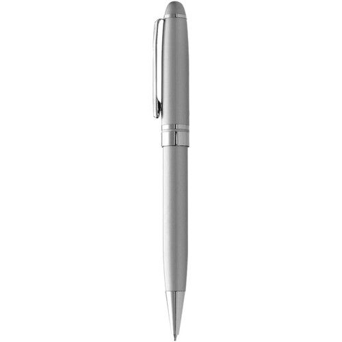 A metal ballpoint pen in silver with a sleek design and a clip. It features branding on the surface. A metal ballpoint pen in silver with a sleek design and a clip. It features branding on the surface.